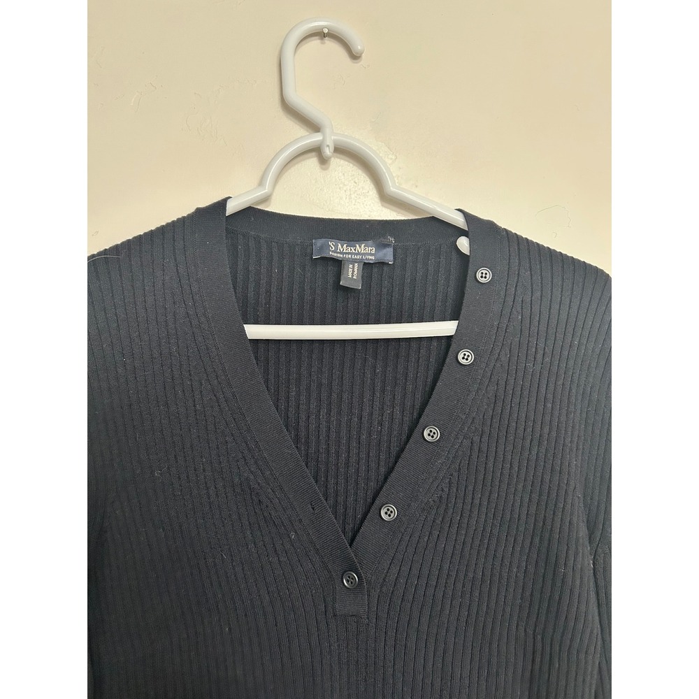 'S Max Mara Black Ribbed V Neck Button Up Long Sleeve Sweater Top L - Picture 2 of 14